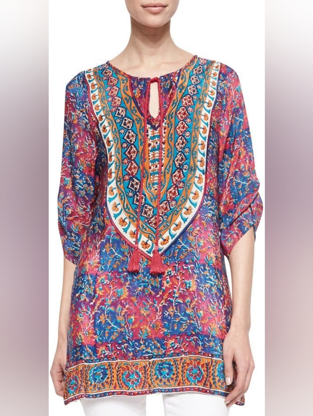 Tolani Pink Blue Floral Embroidered Tunic with Tassels Size Medium